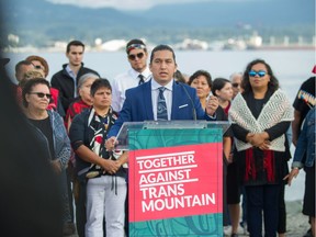 Dustin Rivers, a council member of Squamish Nation and other representatives from the Squamish Nation and Tsleil-Waututh Nation, along with other First Nations spokespersons, spoke in Vancouver on Aug. 30 about the Trans Mountain pipeline expansion project.