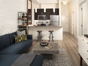 The great room and kitchen in the new 664-square-foot show suite at Sandgate by Hopewell Residential in Mahogany.