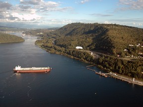 A tanker arrives at Trans Mountain Westridge Marine Terminal in Burrard Inlet, In Burnaby, BC.