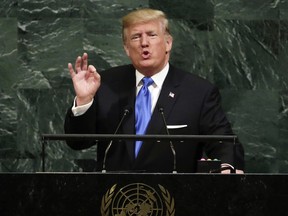 In this Sept. 19, 2017 file photo, U.S. President Donald Trump addresses the 72nd session of the United Nations General Assembly, at UN headquarters.