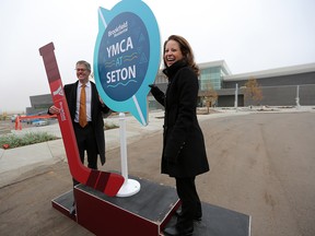 Brookfield Residential CEO Trent Edwards, and YMCA Calgary CEO Shannon Doram announce the new YMCA at Seton in Calgary, on Friday Sept. 14, 2018.