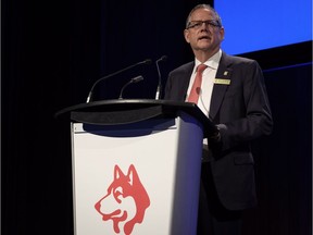 Husky Energy president and CEO Rob Peabody addresses the company's annual meeting in Calgary, Thursday, April 26, 2018.