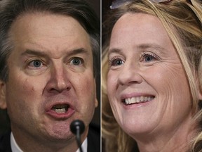 This combination of file pictures shows Dr. Christine Blasey Ford, the woman accusing Supreme Court nominee Brett Kavanaugh (L) of sexually assaulting her at a party 36 years ago, during testimony during Kavanaugh's US Senate Judiciary Committee confirmation hearing on Capitol Hill in Washington, DC, September 27, 2018.