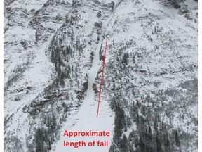 Three people were injured in an avalanche while skiing in the Lake Louise area on Monday, according to Parks Canada. This handout photo shows the path of their fall.