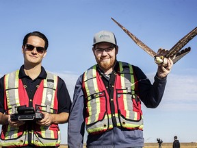 AERIUM Analytics Inc. pilots show off the Robirdóa remote controlled birdófollowing a drone testing demonstration at the newly opened Point Trotter Autonomous Systems Testing Area (Point Trotter ASTA) in Calgary. KERIANNE SPROULE/POSTMEDIA