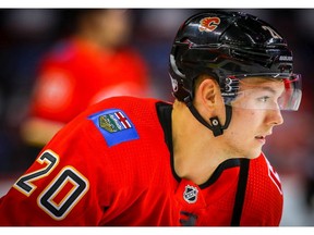 Calgary Flames winger Curtis Lazar during the pre-game skate before facing the San Jose Sharks in NHL pre-season hockey at the Scotiabank Saddledome in Calgary on Tuesday, September 25, 2018. Al Charest/Postmedia