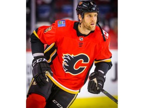 Calgary Flames defenceman Dalton Prout during the pre-game skate before facing the San Jose Sharks in NHL pre-season hockey at the Scotiabank Saddledome in Calgary on Tuesday, September 25, 2018. Al Charest/Postmedia