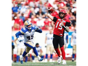 Calgary Stampeders quarterback Bo Levi Mitchell throws the ball against the Winnipeg Blue Bombers during CFL football in Calgary on Saturday, August 25, 2018. Al Charest/Postmedia