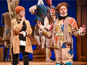 Julie Orton, Christopher Hunt, and Mark Bellamy (background) in ATP's Rosencrantz and Guildenstern Are Dead. All photos by Benjamin Laird. Set: Scott Reid. Lighting: David Fraser. Costumes: Hanne Loosen.