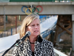 Mary Moran, Calgary 2026 CEO, speaks about a potential Calgary 2026 Winter Olympics bid at Canada Olympic Park on Wednesday, Oct. 24, 2018.