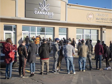 Customers line up at the retail cannabis store in Charlottetown, P.E.I., Wednesday October 17, 2018.