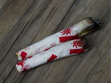 Cannabis joints rolled with Canadian themed paper are photographed at a "Wake and Bake" legalized marijuana event in Toronto on Wednesday, October 17, 2018.
