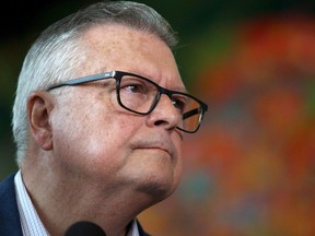 Minister Ralph Goodale speaks to media at the Vancouver Island Conference Centre during the Liberal cabinet retreat in Nanaimo, B.C., on Tuesday, August 21, 2018.