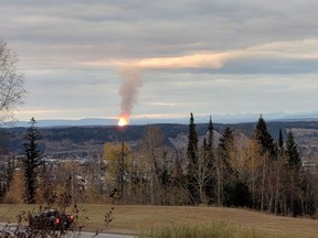 A ruptured pipeline sparked a massive fire north of Prince George, B.C., on Tuesday, Oct. 9, 2018.