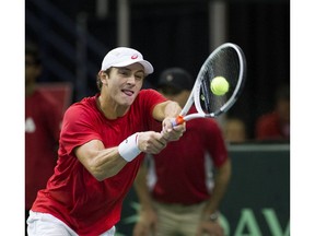 Brayden Schnur of Canada during play against Ramkumar Ramanathan of India in Davis Cup action on Friday September 15, 2017 in Edmonton.   Greg  Southam / Postmedia Photos for copy in Saturday, Sept. 16 edition.