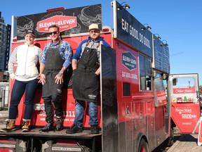 (L-R) Laura Jenkins, Michael Montredmond and Brian Roy pose at Eleven-Eleven Food Truck in East Village in Calgary on Saturday, October 6, 2018. A new food truck on city streets is offering more than just eats, itís helping fund a recovery centre and is being staffed with people in recovery. All profits from the Eleven-Eleven food truck, operated by the Fresh Start Recovery Centre,  will benefit the centre. Jim Wells/Postmedia