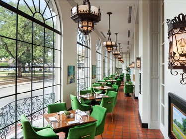 Gallery on the Park, the bright and colourful breakfast room overlooking Travis Park, in the St. Anthony Hotel in San Antonio, Texas.