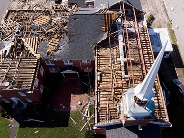 In this aerial view, a storm damaged church is seen in the aftermath of Hurricane Michael on October 11, 2018 in Panama City, Florida. - Residents of the Florida Panhandle woke to scenes of devastation Thursday after Michael tore a path through the coastal region as a powerful hurricane that killed at least two people. (Photo by Brendan Smialowski / AFP)BRENDAN SMIALOWSKI/AFP/Getty Images