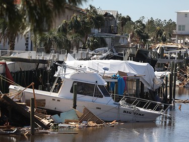 MEXICO BEACH, FL - OCTOBER 11:  Damaged boats and docks are seen after Hurricane Michael passed through the area on October 11, 2018 in Mexico Beach, Florida.  The hurricane hit the panhandle area with category 4 winds causing major damage.  (Photo by Joe Raedle/Getty Images)