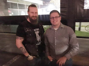 Former UCP candidate Lance Coulter with a member of the Soldiers of Odin at a Edmonton-West Henday UCP pub night on Oct. 5, 2018.