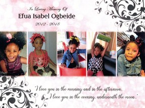 A memorial card from the funeral of six-year-old Efua Isabel Ogbeide, who was struck and killed by a CTrain at 162nd Avenue and Shawville Rise S.E. on October 15, 2018. Calgary Sun/Postmedia Network