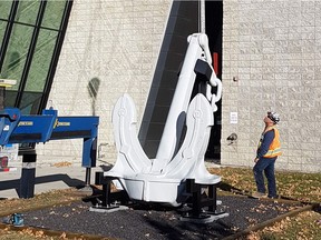 This is the installation this week at the Naval Museum of Alberta of the anchor from the supply ship HMCS Protecteur.  Handout photo