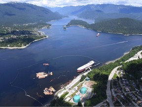 An aerial view of Kinder Morgan's Trans Mountain marine terminal, in Burnaby, B.C.