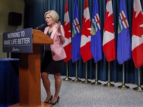 Alberta Premier Rachel Notley discusses pipeline expansion with reporters in Calgary on Sept. 6, 2018.