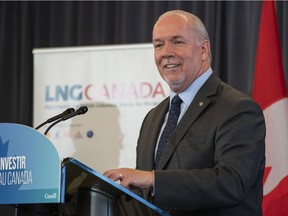 B.C. Premier John Horgan speaks Oct. 2 during a press conference announcing the signing of a Declaration of Final Investment Decision for a LNG project in Kitimat.