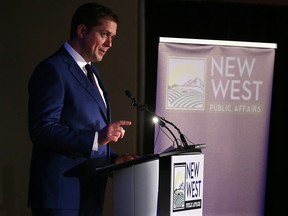 Conservative Party of Canada Leader Andrew Scheer speaks against the federal government's Bill C-69 in Calgary on Thursday Oct. 25, 2018.