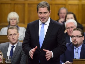 Conservative Leader Andrew Scheer stands during question period in the House of Commons on Parliament Hill in Ottawa on Wednesday, Oct. 24, 2018.