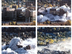 Series of photos showing the demolition of the Calgary General Hospital on Oct. 4, 1998.