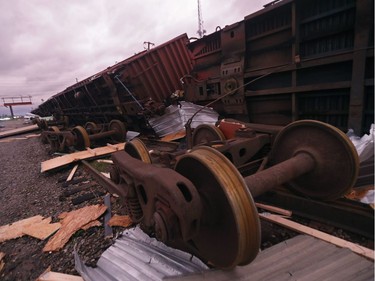 Derailed box cars are seen in the aftermath of Hurricane Michael in Panama City, Fla., Wednesday, Oct. 10, 2018.