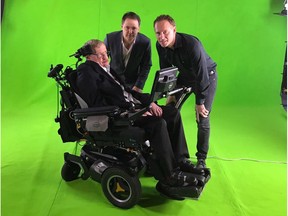 Christian Darbyshire (right) and Andy McCreath (middle) with the late Stephen Hawking in 2016. The pair from Calgary worked with the famed physicist to produce a hologram show that aired last year in Asia, as well as an IMAX video that delivered Hawking's final message. The message was released last week along with the launch of Hawking's posthumous book.