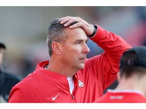 COLLEGE PARK, MD - NOVEMBER 17: Head coach Urban Meyer of the Ohio State Buckeyes reacts after a play against the Maryland Terrapins during the second half at Capital One Field on November 17, 2018 in College Park, Maryland.