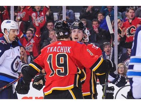 CALGARY, AB - NOVEMBER 21: Sam Bennett #93 (R) of the Calgary Flames celebrates after scoring against the Winnipeg Jets during an NHL game at Scotiabank Saddledome on November 21, 2018 in Calgary, Alberta, Canada.
