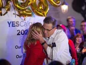 Mary Moran, Calgary 2026 CEO, and chair Scott Hutcheson react to the news that Calgarians have voted against an Olympic bid on Tuesday, Nov. 13, 2018.
