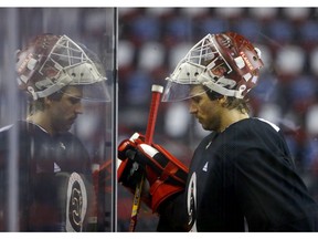 Calgary Flames goalie Mike Smith during Flames practice at the Scotiabank Saddledome in Calgary, Alta. on Friday November 16, 2018. Leah Hennel/Postmedia