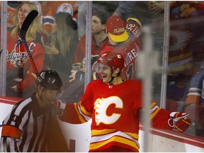 Calgary Flames Derek Ryan celebrates his goal on the Edmonton Oilers in NHL hockey action at the Scotiabank Saddledome in Calgary on Saturday. Photo by Leah Hennel/Postmedia