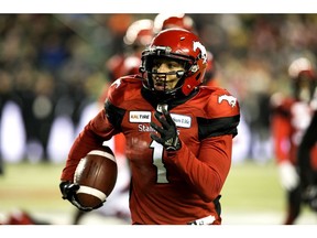 The Calgary Stampeders' Lemar Durant (1) battles the Ottawa Redblacks during second half Grey Cup action at Commonwealth Stadium, in Edmonton Sunday November 25, 2018. Calgary won 27 to 16. Photo by David Bloom