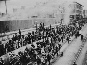 56th Battalion, Canadian Expeditionary Force parading before going overseas, 2nd Street and 9th Avenue S.E., Calgary, Alberta.
Date: 1914
Photo: Courtesy, Glenbow Museum -- PA-91-30