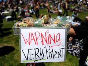 SAN FRANCISCO, CA - APRIL 20: A sign is posted next to a display of marijuana infused edibles during a 420 Day celebration on 'Hippie Hill' in Golden Gate Park on April 20, 2018 in San Francisco, California. (Photo by Justin Sullivan/Getty Images) ORG XMIT: 775156337