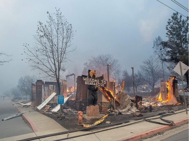 The Blackbear Diner burns as the Camp fire tears through Paradise, California on Nov. 8, 2018. More than 18,000 acres have been scorched in a matter of hours burning with it a hospital, a gas station and dozens of homes.