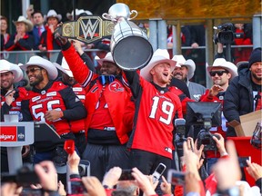 Calgary Stampeders quarterback Bo Levi Mitchell during a rally at Municipal Plaza on Tuesday, November 27, 2018 to celebrate the Calgary Stampeders' victory in the 106th Grey Cup, a 27-16 win over the Ottawa RedBlacks. Al Charest/Postmedia