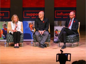 Calgary 2026 CEO, Mary Moran was joined by Norm O'Reilly, assistant dean, University of Guelph and Trevor Tombe, associate professor, the University of Calgary to discuss the economic costs and benefits of hosting the games during the 2026 Olympic and Paralympic symposium in the Leacock Theatre at Mount Royal University on Thursday, November 1, 2018. Al Charest/Postmedia