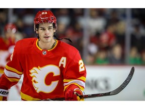 Calgary Flames Sean Monahan during the pre-game skate before facing the Chicago Blackhawks in NHL hockey at the Scotiabank Saddledome in Calgary on Saturday, November 3, 2018. Al Charest/Postmedia