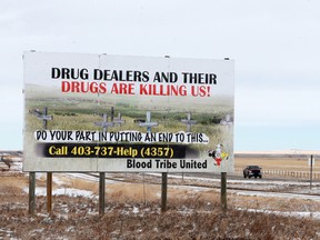 A billboard at the edge of the Blood Tribe reserve on March 1, 2017.