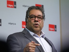 Calgary Mayor Naheed Nenshi speaks to reporters following the release of the City's budget on Wednesday, Nov. 14, 2018.