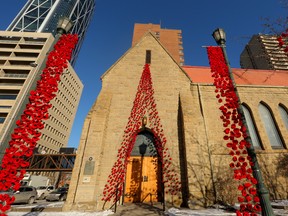 Some of the knit or crochet 7,000 poppies that adorn the Cathedral Church of the Redeemer in Calgary, on Thursday November 8, 2018. Leah Hennel/Postmedia