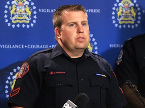 Calgary Const. Kevin Anderson speaks at a news conference on retail crime on Tuesday, Nov. 20, 2018.